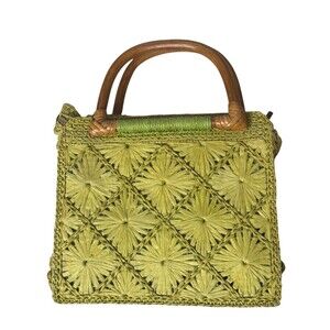 Fossil Straw Mini Satchel Bag Purse Green Double Handle Wood bv